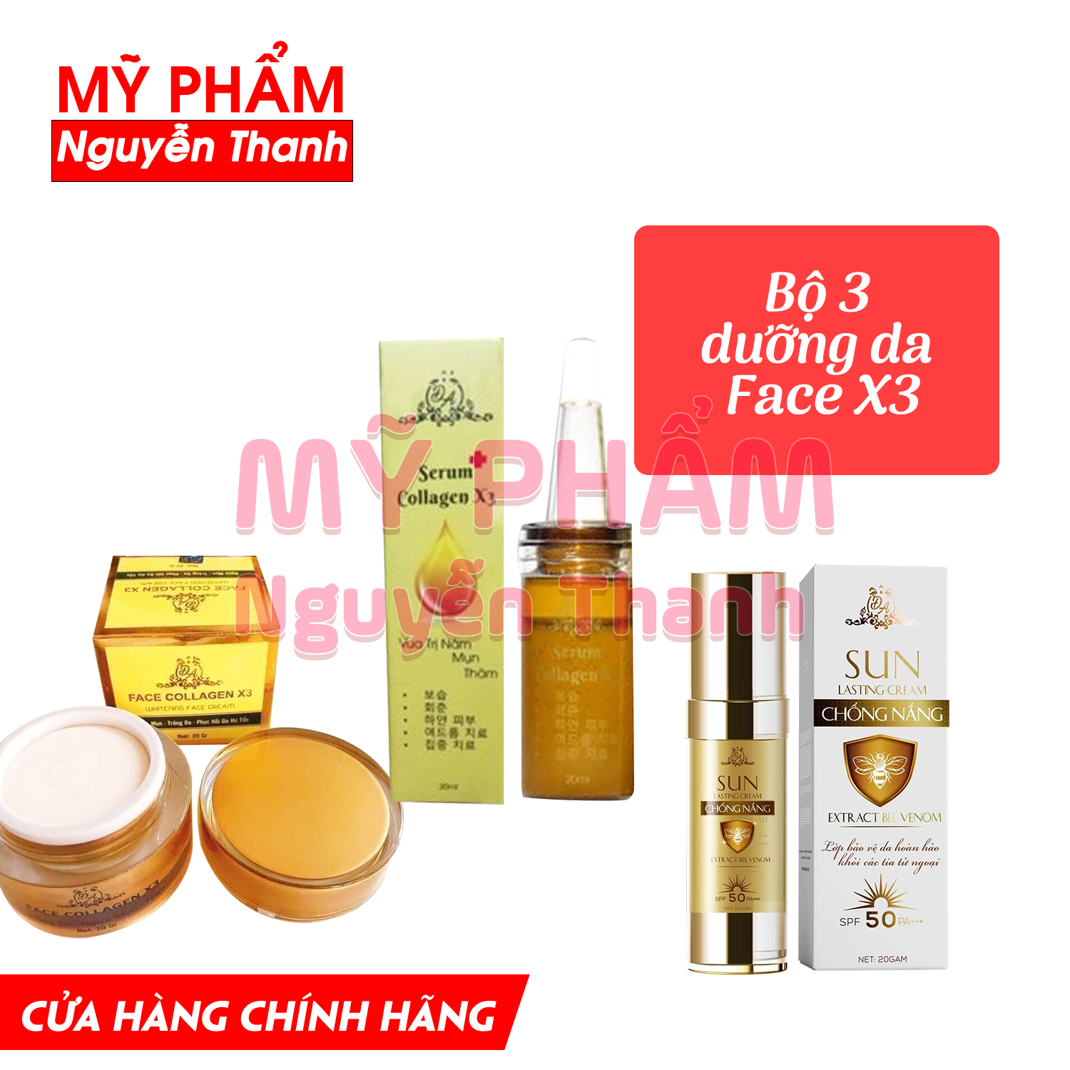Bộ 3 dưỡng da mặt gồm kem chống nắng collagen x3, serum collagen x3 và kem face collagen x3