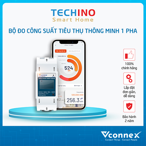 Bộ đo công suất tiêu thụ thông minh 1 pha - bộ giám sát tiêu thụ điện năng thông minh vconnex từ techino