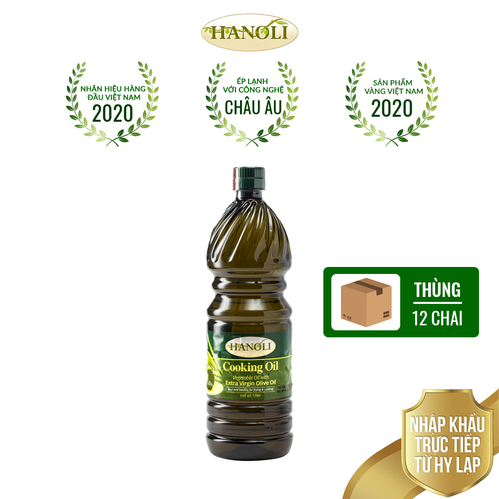 Combo thùng 12 chai Dầu ăn oliu HANOLI chai 1L chứa 75% dầu oliu siêu