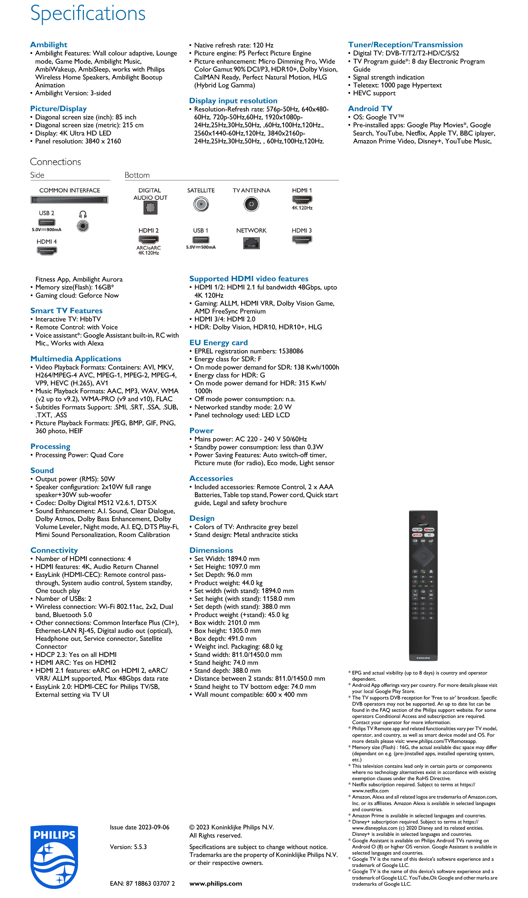 PHILIPS 85PUS8808 85" AMIBILIGHT 4K GOOGLE SMART TV + FREE WALLMOUNT INSTALLATION · v49