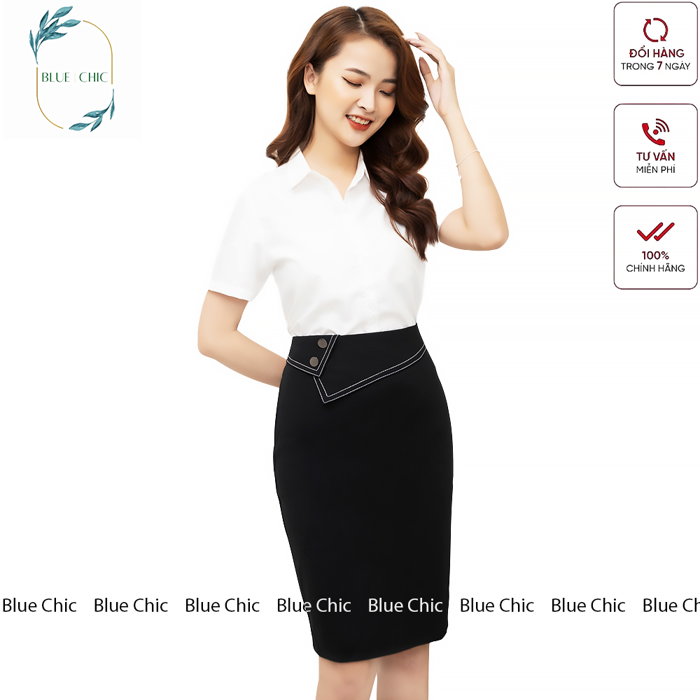 Chân váy bút chì Blue Chic phối 2 khuy mạ crom sang trọng, quý phái, có lớp lót chất vải cao cấp