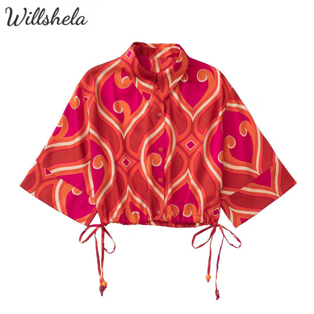 Willshela Women Fashion Spring Summer Printed Top Blouse Lapel Neck Half Loose Sleeves Lace Up Casual Chic Elegant Female Bohemian Shirts