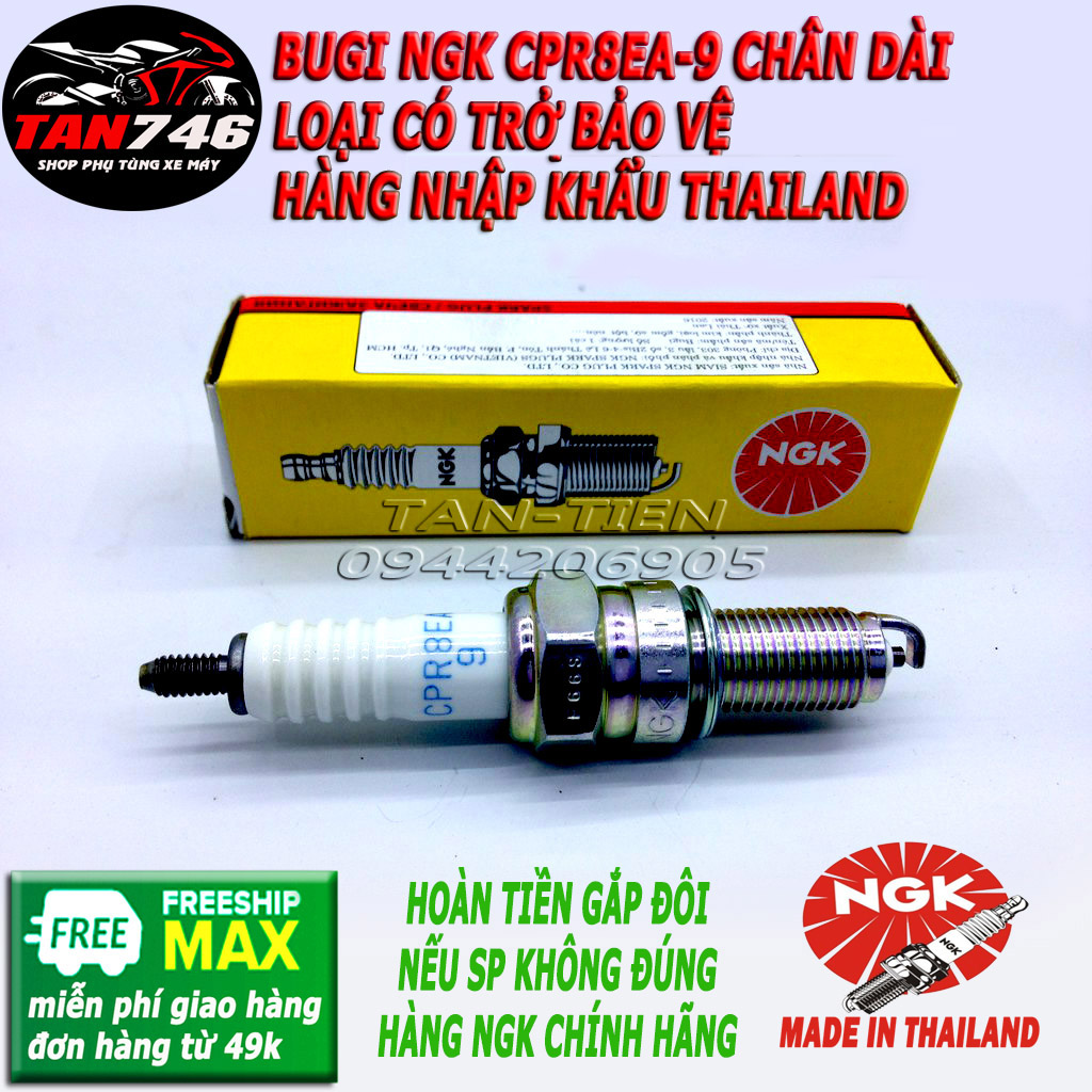 Bugi NGK CPR8EA-9 chân dài có trở kháng, hàng chính hãng 100% dùng cho xe Wave S110, Future Neo, Future 125Fi,  Future X, Air Blade các đời, Nouvo 4/5/6,  và một số dòng xe tay ga có cùng kích cỡ bugi.