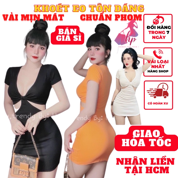 Váy đầm ôm body nữ khoét eo cổ V tay ngắn thời trang 2022 phong cách sexy dễ thương