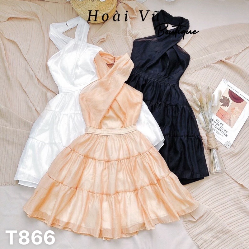 Đầm dự tiệc dáng xoè cổ yếm voan chingfon 2 lớp T866