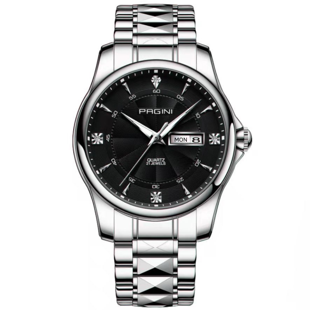 Đồng Hồ Nam PAGINI PA5599 Dây Thép, Kim Loại Không Gỉ Cao Cấp Mặt Đính Đá Kim Dạ Quang