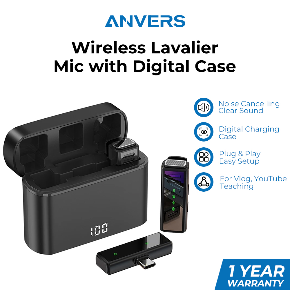 Anvers Wireless Lavalier Mic with Noise Cancelling, Digital Case, for YouTubers, Vloggers, Teachers