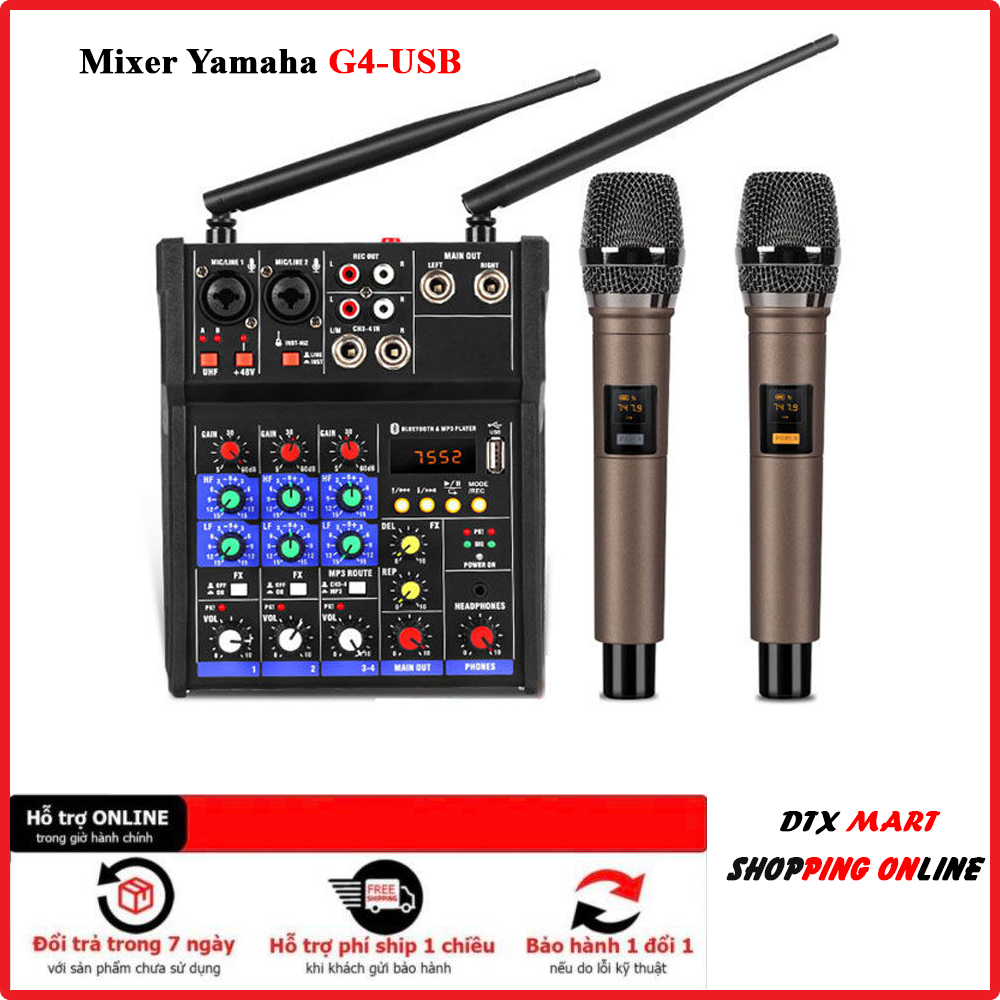 Bàn trộn âm thanh Mixer Yamaha G4-USB. Mixer âm thanh chuyên dùng cho loa kéo, loa vi tính, dàn karaoke gia đình, livestream, thu âm... Hỗ trợ kết nối bluetooth 5.0, thiết kế nhỏ gọn tiện lợi