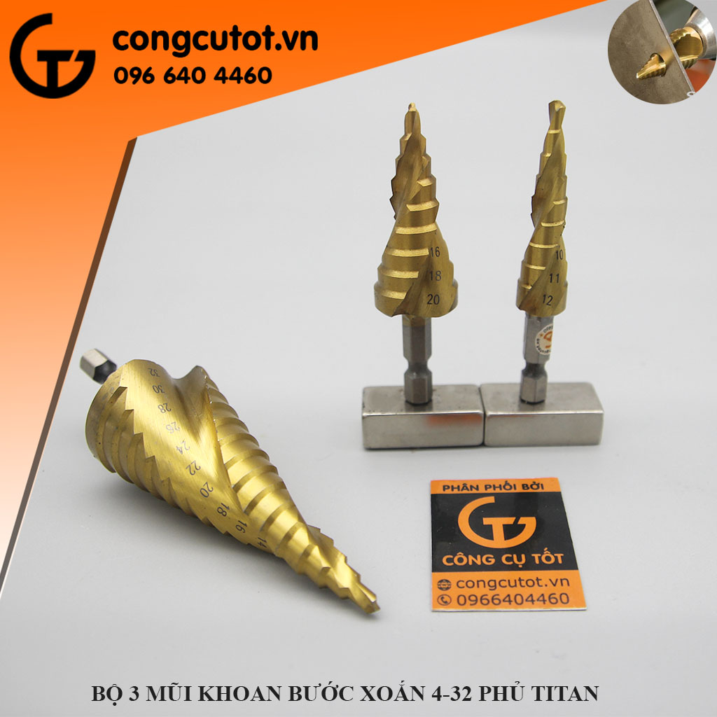 Bộ 3 mũi khoan bước xoắn 4-32mm phủ Titan thép HSS 4241,  LS+ LS700217