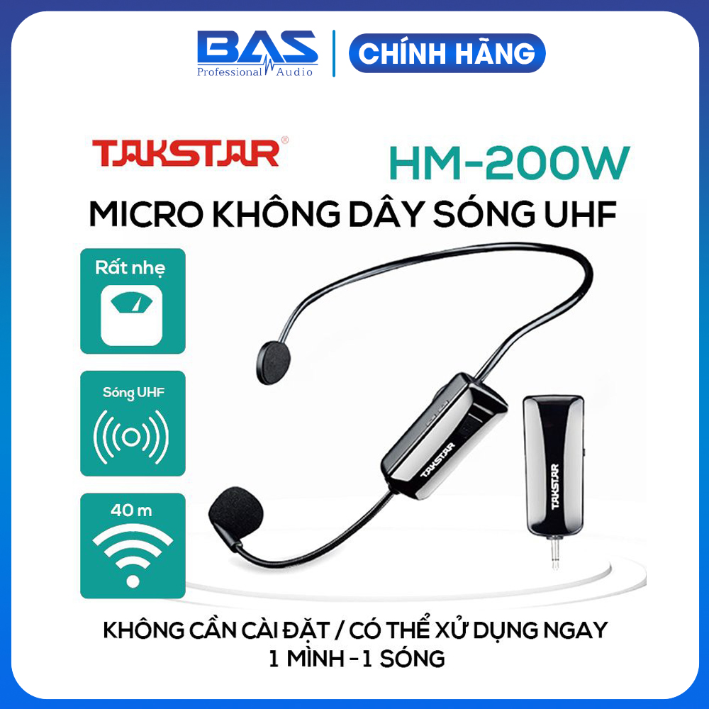 Micro không dây gài đầu đa năng Takstar HM-200W, mic không dây UHF, mic ko dây đeo đầu tần số cao UHF