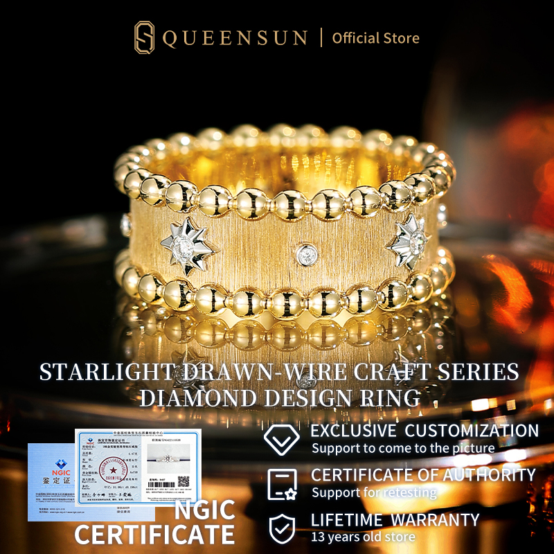 Queensun 18K Gold Star Brushed Ring French Retro wedding band ring for Female women繁星拉丝钻石戒指ring for women/rings diamond gold ring /designer ring/ins，Hollow，Korea