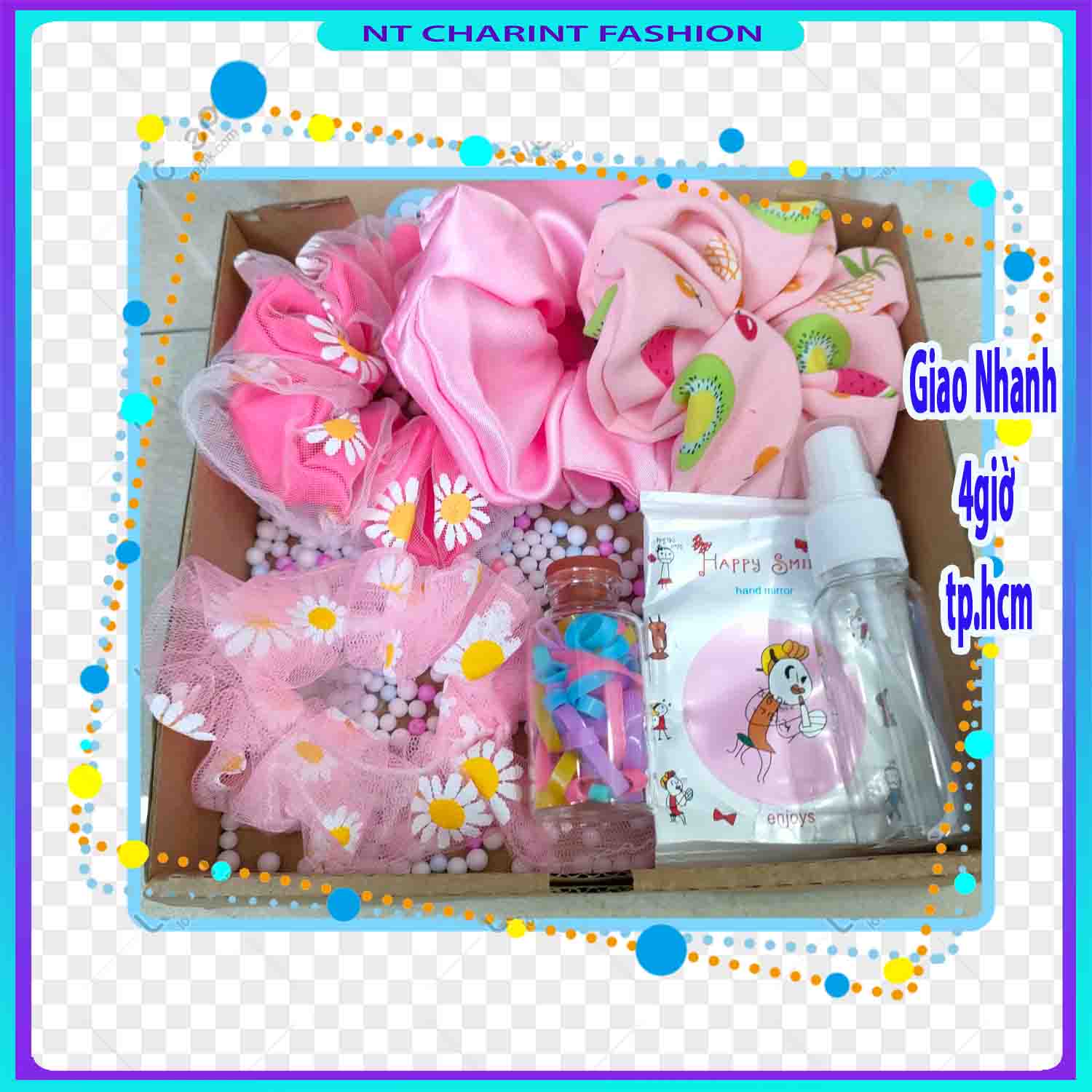 Set quà tặng nữ, NT CHARINT, gồm cột tóc Scrunchies+bình xịt móc khóa+mặt kính+bình chun cột tóc cute, có 7 màu để lựa chọn