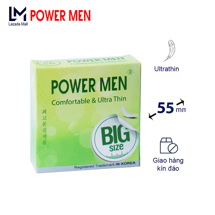 Bao cao su power men siêu mỏng, truyền nhiệt, size lớn 55mm hộp 3 bcs