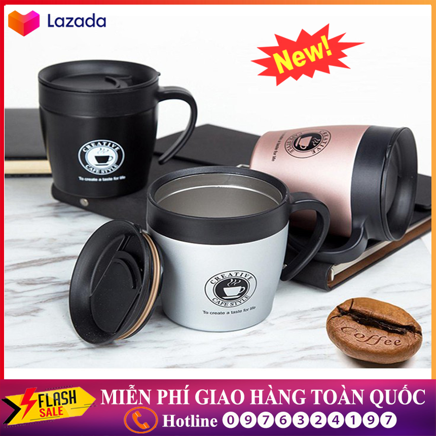 Ly giữ nhiệt nóng lạnh cà phê creative 330ml inox 304 có muỗng- ly giữ nhiệt uống cà phê trà creative có tay cầm 330ml -binh giu nhiet- ly giu nhiet - ly uống nước ly giữ nhiệt inox -