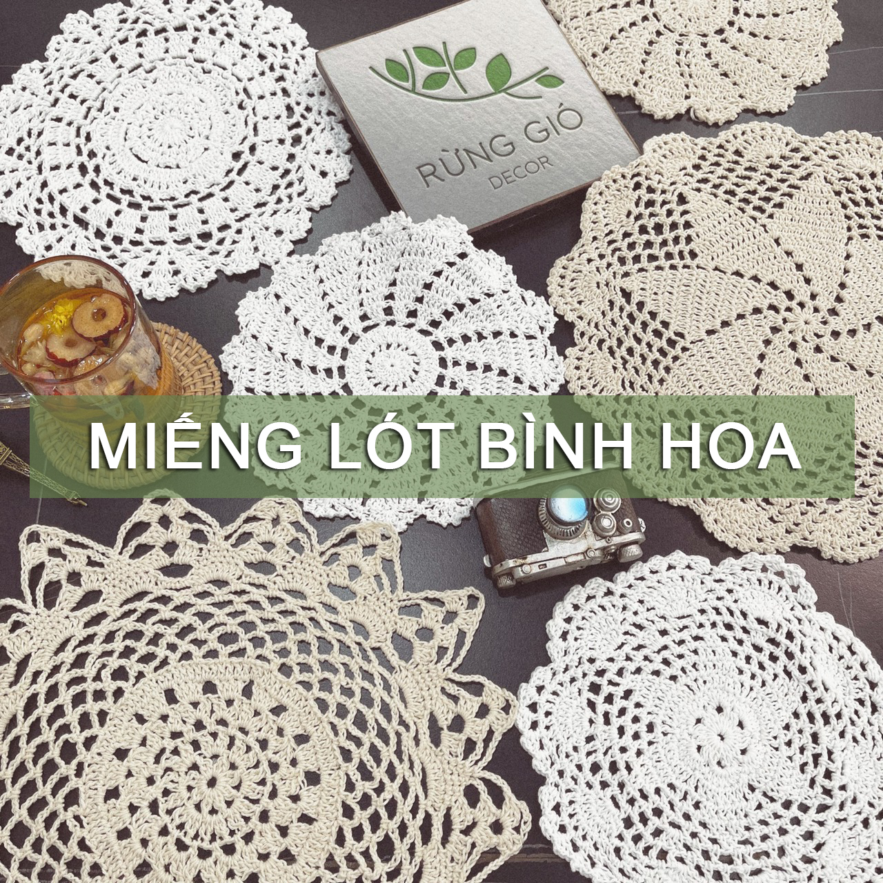 Miếng Lót Bình Hoa Lọ Hoa bằng ren trang trí bàn ăn, làm việc, phòng khách