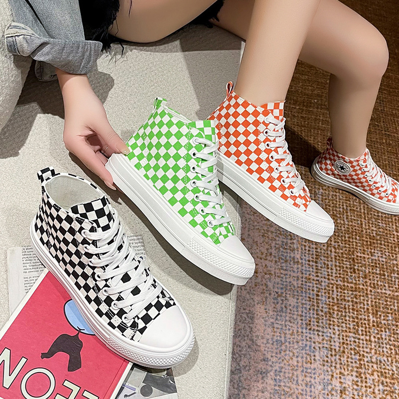 Giày thể thao Ulzzang kẻ cao cổ cam nữ Giầy sneaker Caro đen cam bản cao cấp mới ƞhất Hot Hit 2022