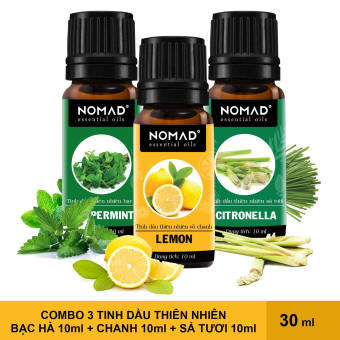 Combo 3 Tinh Dầu Nguyên Chất Nomad: Tinh Dầu Bạc Hà (10ml) + Tinh Dầu Chanh (10ml) + Tinh Dầu Sả Tươi (10ml)
