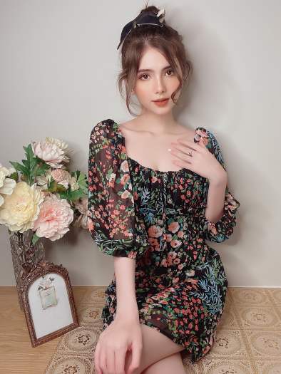 EDINI - Đầm Cổ U Tay Phồng Hoạ Tiết Hoa D1454