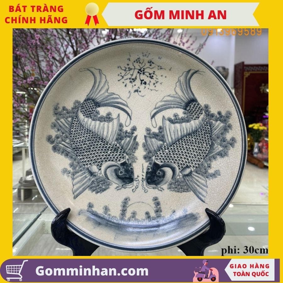 Đĩa cảnh men rạn giả cổ bát tràng có cả bọc đồng đường kính 30cm gốm Minh An Bát Tràng bao gồm chân kê