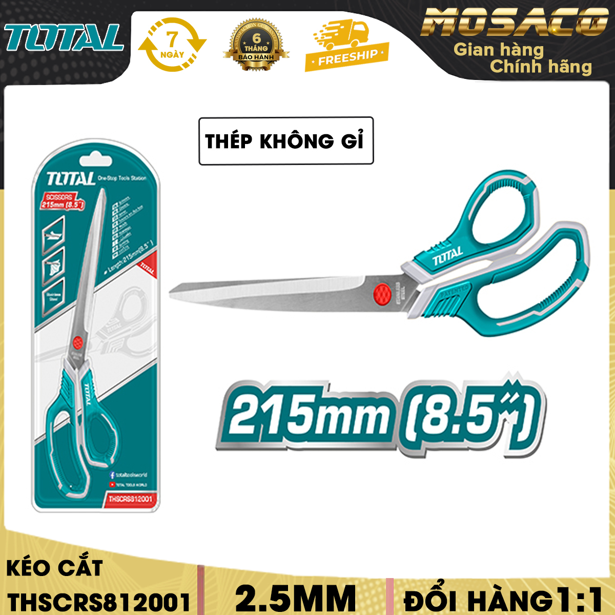 Kéo cắt cầm tay TOTAL THSCRS812001 kích thước 215mm - 275mm. Kéo chất liệu thép không gỉ độ dày lưỡi dao 2,5mm. Tay cầm Total với kiểu dáng độc đáo- Mosaco Tools and Home Improvement