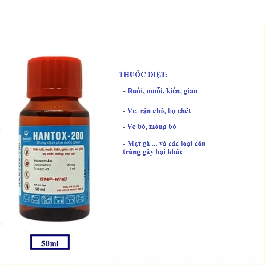 Hantox 200 50ml Diệt ruồi, muỗi, kiến, gián, ve, rận, mòng trên trâu bò, mạt gà ...