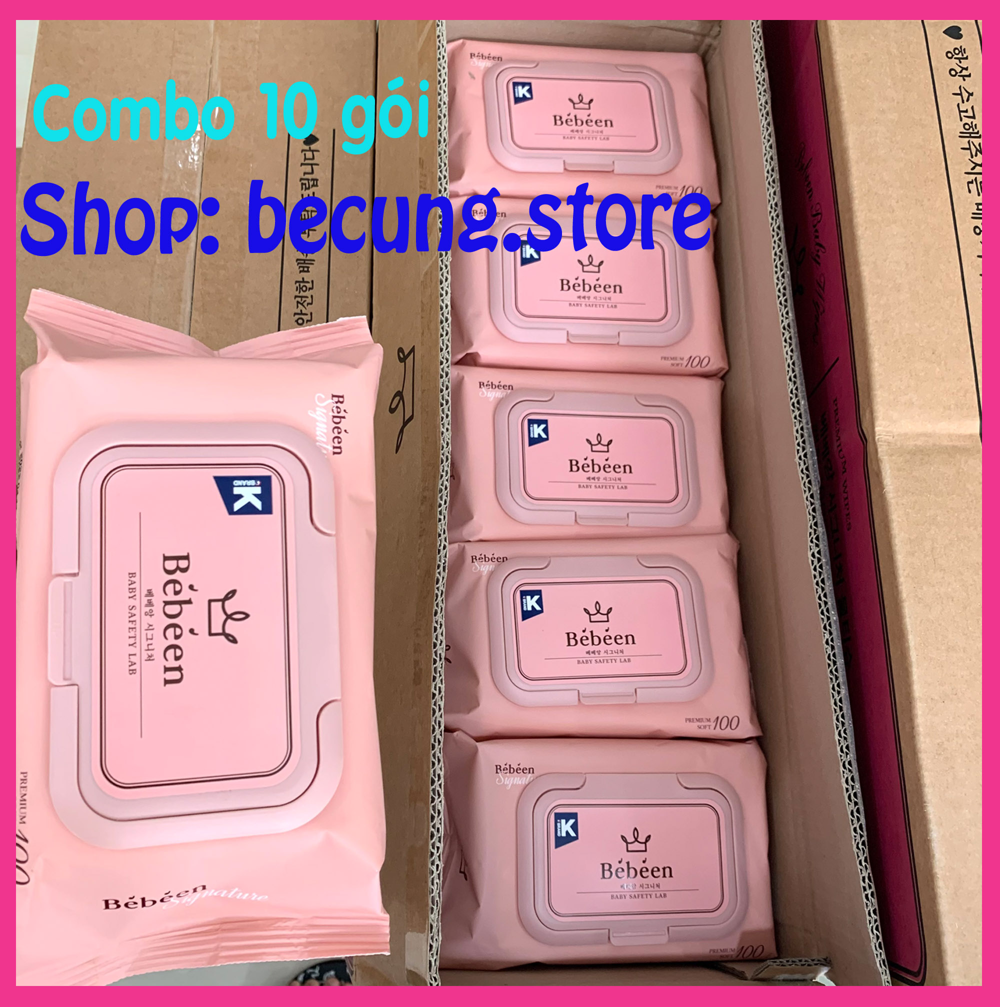 . Thùng 10 gói khăn ướt Bebeen Hàn Quốc màu Hồng .