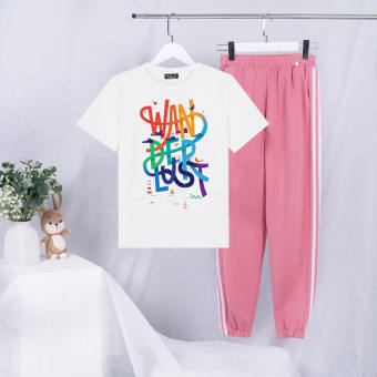 Sét Bộ Đồ Quần Áo Thời Trang Ulzzang Nữ Xinh Cute  Áo Cotton Siêu Mịn In 3D Họa Tiết Chữ Wanderlust Kèm Quần Thun Bo Gấu Cá Tính