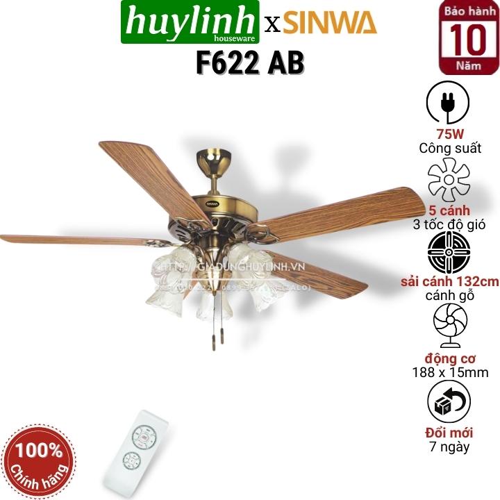 Quạt trần đèn trang trí cánh gỗ sinwa f622 ab - 5 cánh
