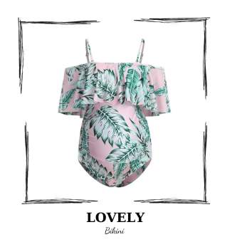 Đồ bơi cho bà bầu liền thân trễ vai bèo hoa lá cao cấp