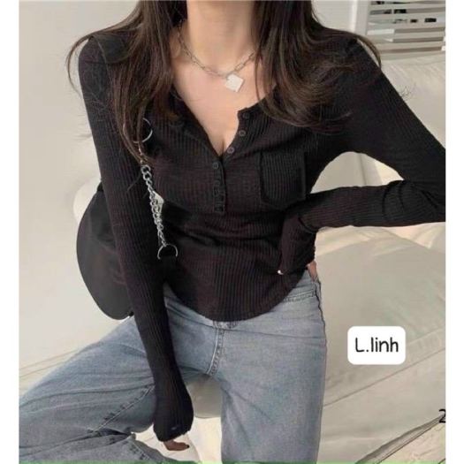 Áo Thun Dài Tay Áo Len Tăm Cúc Ngực Mềm Mát