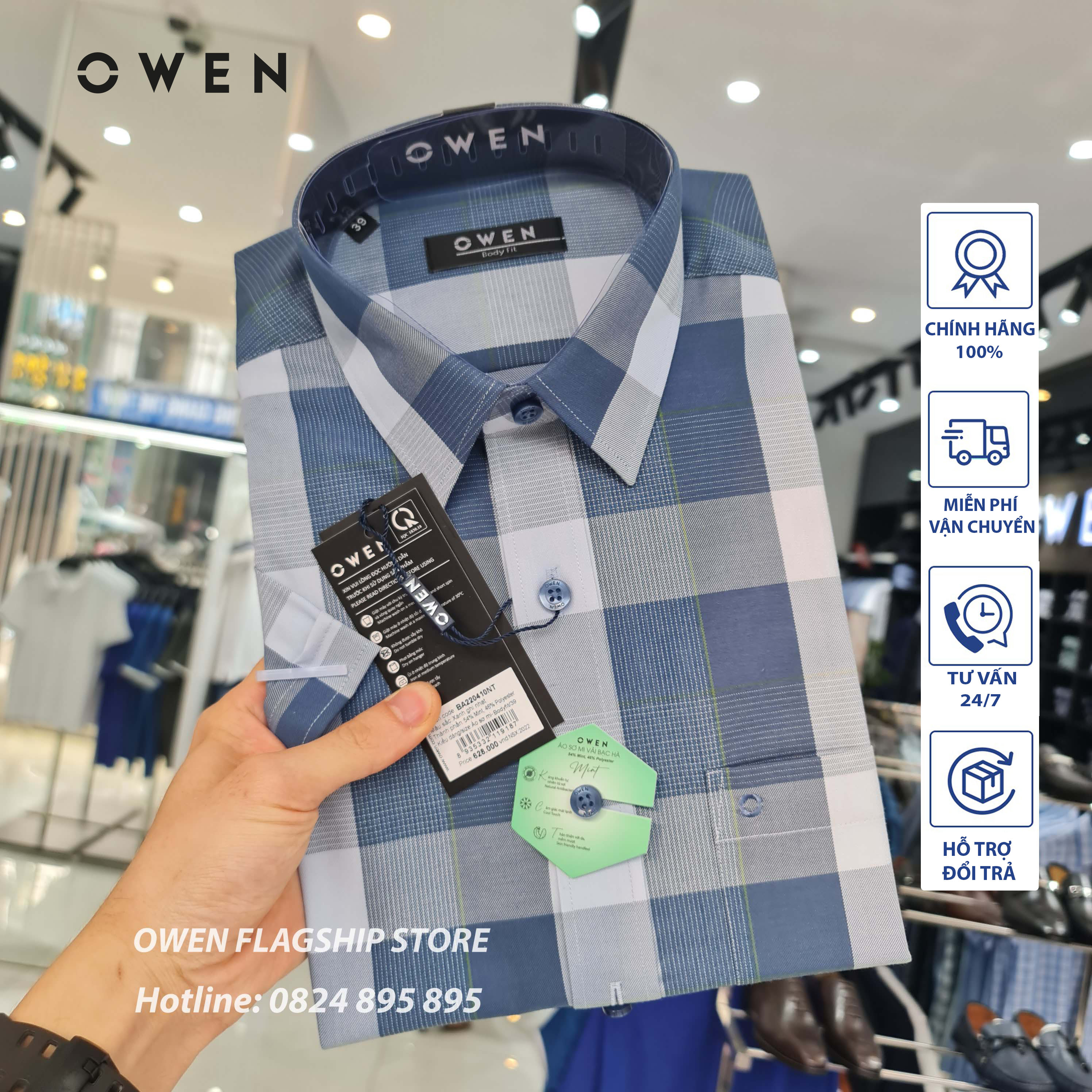 OWEN - (FREESHIP) Áo Sơ mi nam cộc tay dáng BODYFIT sợi Bạc hà - Mã BA220410NT - OWEN Flagship Store