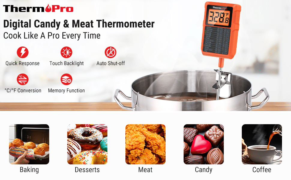 ThermoPro TP510 Waterproof Digital Candy Thermometer with Pot Clip, 8 Long  Probe Instant Read Food Cooking Meat Thermometer for Grilling Smoker BBQ