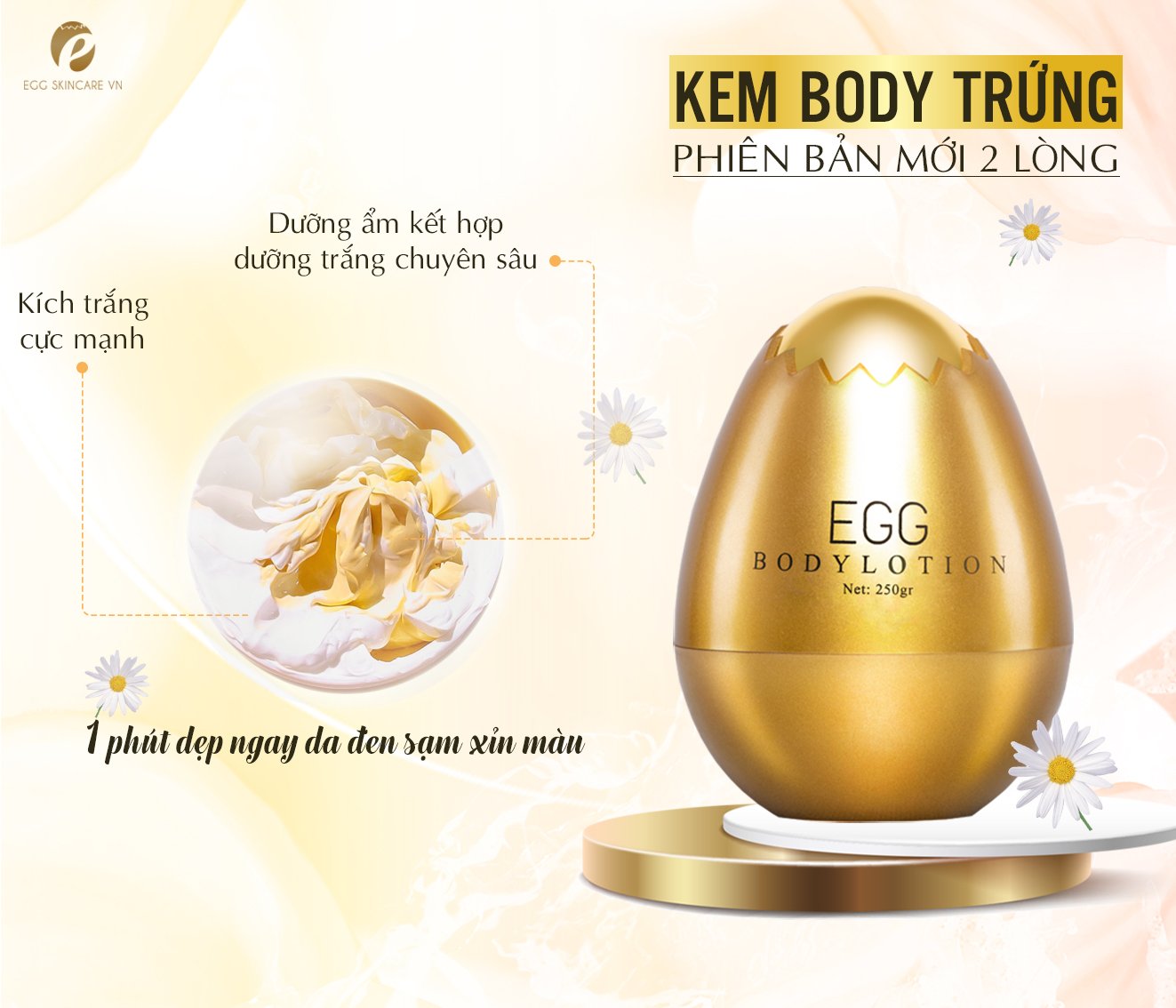 [HCM]BODY TRỨNG VÀNG PHIÊN BẢN 2 LÒNG VỚI CÔNG NGHỆ PHỦ MÀNG SINH HỌC KÉP GIÚP DƯỠNG TRẮNG VÀ BẢO VỆ DA SUỐT 6H QUEENIE SKIN EGG BODY LOTION 250gr