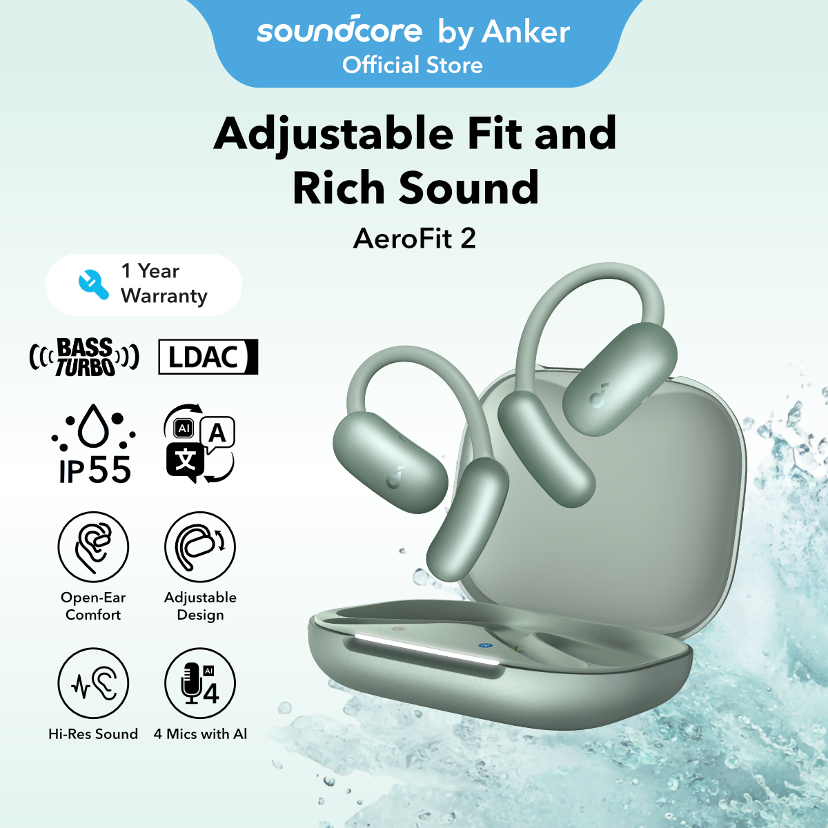 Soundcore AeroFit 2 by Anker Open Ear Earphone, Adjustable Ear Hooks, Snug Fit, Rich Bass, Hi-Res Wireless Audio, 42H Play, Bluetooth 5.4, Wireless Charging, IP55, AI Clear Calls, Open-Ear, AI Translation