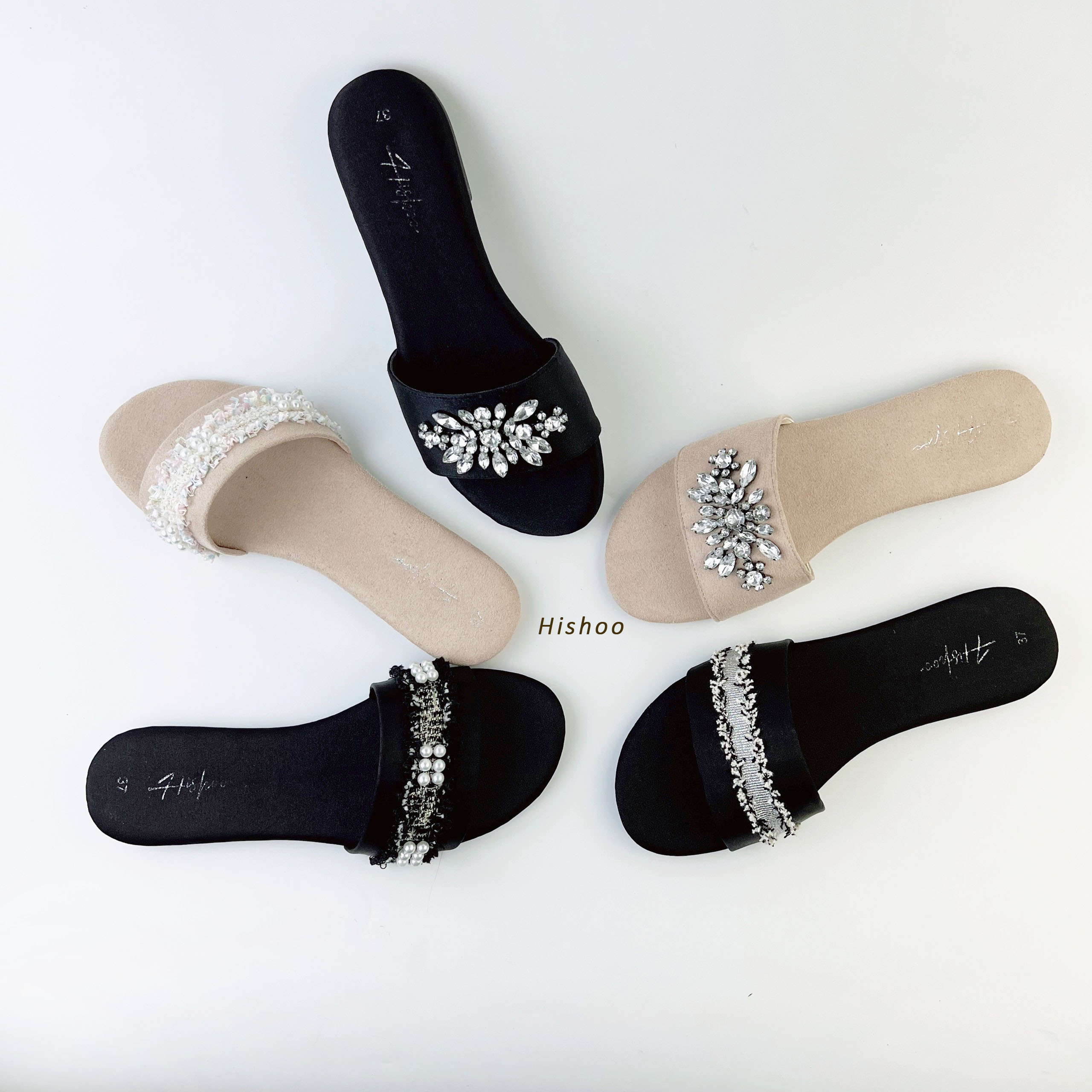 Dép nữ thấp dáng sandal đi biển quai ngang bảng to đính đá chính hãng có Bigsize HISHOO màu đen S063