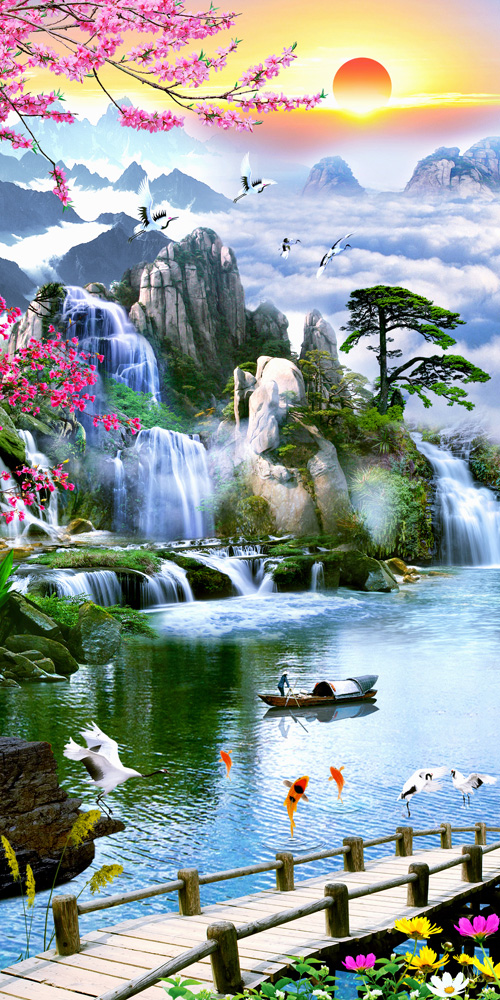 Tranh dán tường phong thủy VTC sơn thủy hữu tình LunaTM-0183 phủ kim sa nhiều mẫu và kích thước