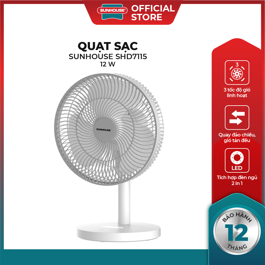 Quạt sạc tích điện Sunhouse SHD7115 - Tích hợp đèn ngủ 2in1 - 3 chế độ gió linh hoạt - Động cơ êm á