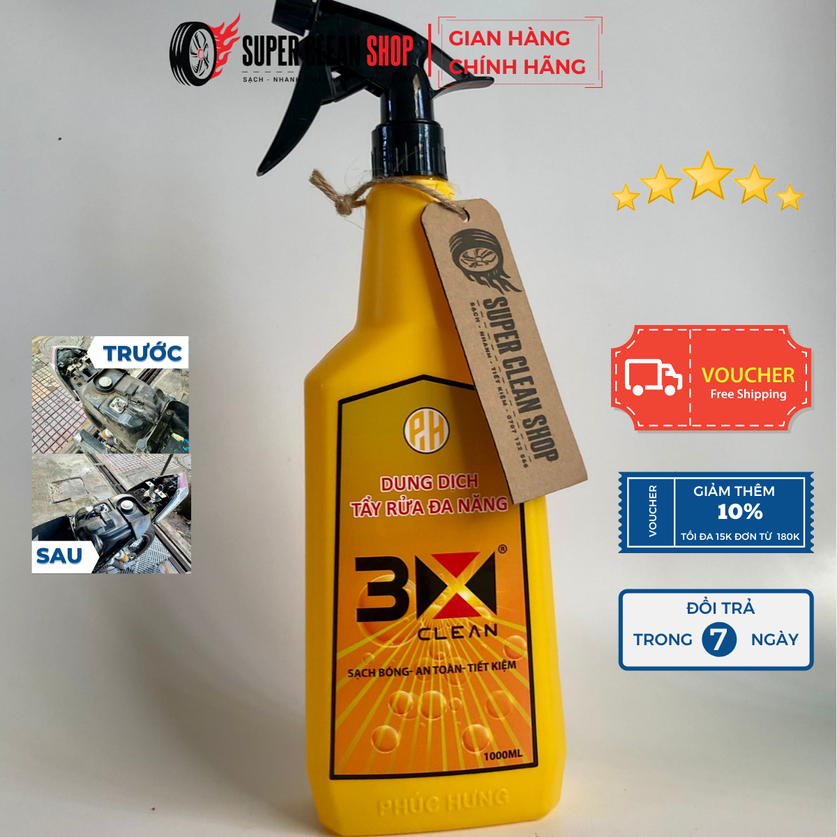 [TẶNG KÈM CỌ DETAILING + VÒI XỊT] Dung dịch tẩy rửa đa năng 3x CLEAN, dùng tẩy rửa bụi đất và nhớt, xe máy, khoang máy, đầu máy, động cơ ô tô, xe cơ giới, ghe tàu thủy..