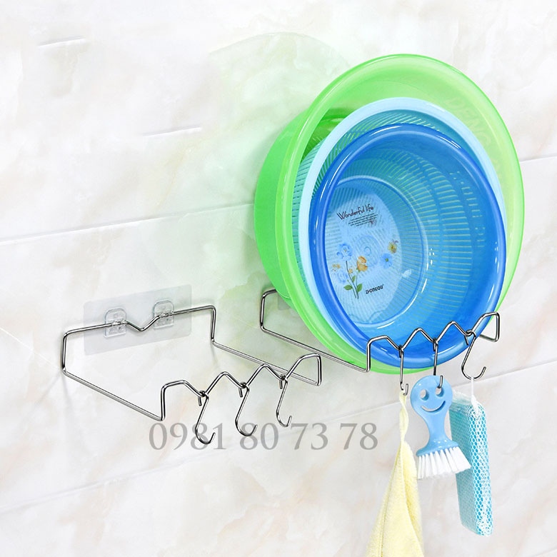 Giá để thau và rổ inox dán tường có móc treo