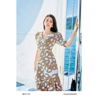 Đầm lụa trắng logo vai phồng thiết kế Elise FS2204240DISIPW