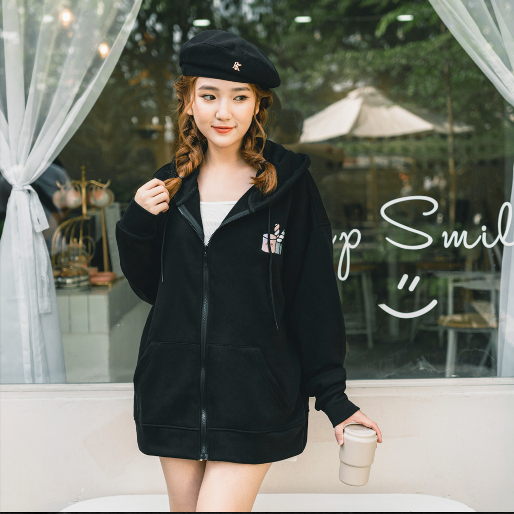 Áo khoác sweater nam nữ tay dài form rộng màu đen cao cấp PNICE.