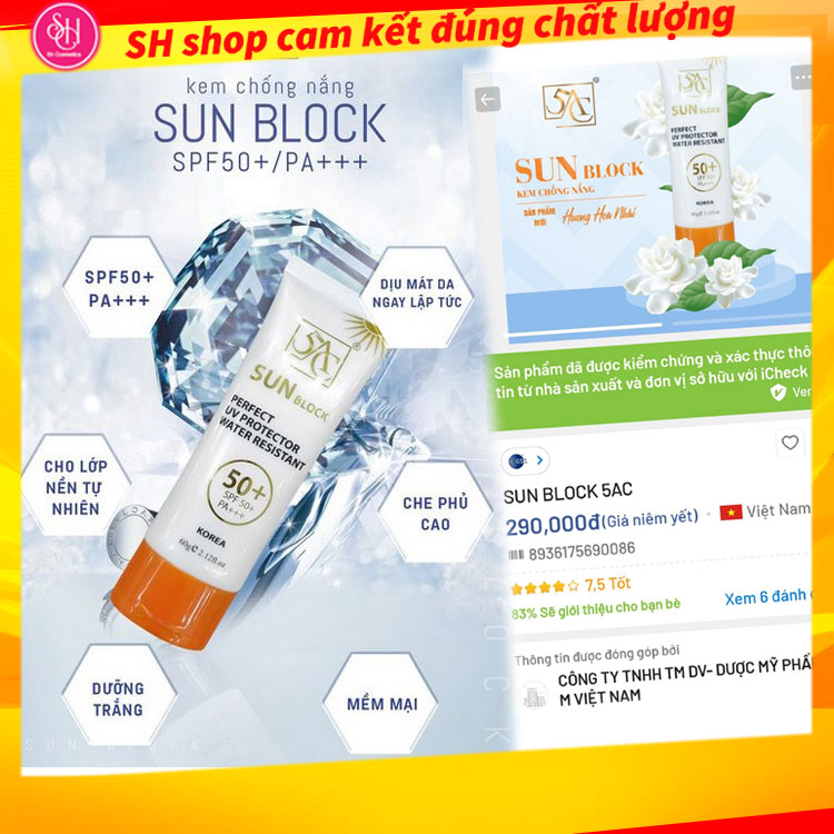 Kem chống nắng cho da mặt nâng tone hàn quốc chính hãng 5AC 60ml