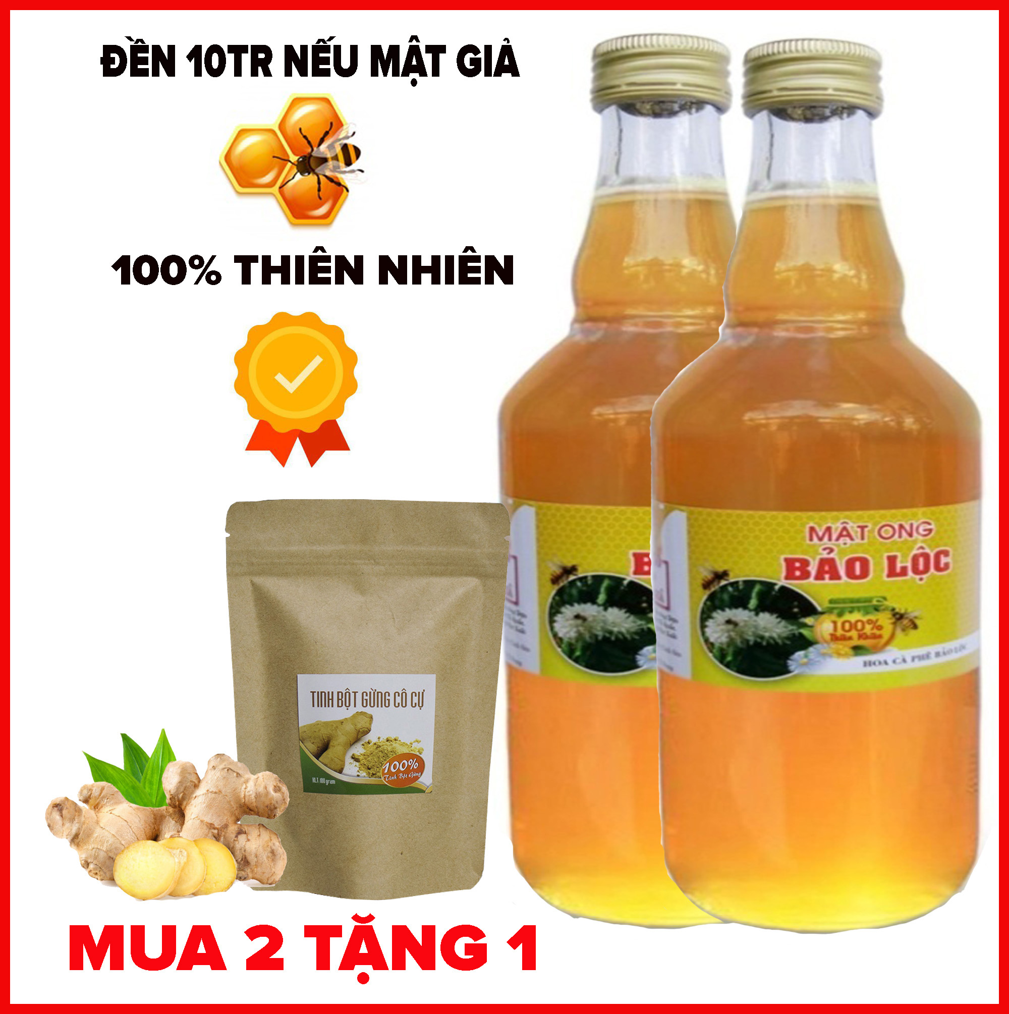 [ HOT MUA 1 TẶNG 1 tinh bột gừng ] Bộ 2 Chai Mật Ong Nguyên Chất Bảo Lộc 1 lÍT (MỖI CHAI 500ML)