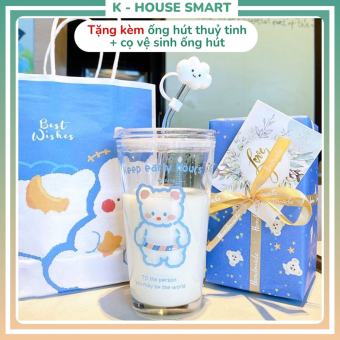 Cốc thuỷ tinh dày dặn decor có nắp và ống hút thuỷ tinh hình gấu mũm mĩm, ly thuỷ tinh dễ thương