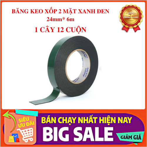 Băng keo xốp 2 mặt xanh đen 1 cây 24mm* 6m
