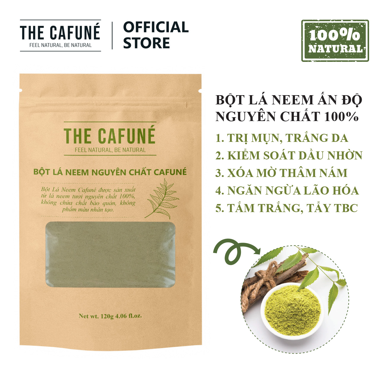 Bột lá neem Ấn Độ Cafuné – hữu cơ nguyên chất 100%