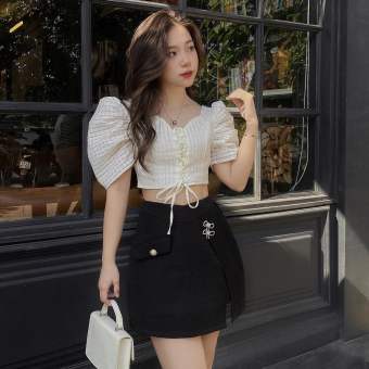 THE FANCE | Áo croptop tay phồng cúp ngực đan dây vải voan có lót SLING CHEERS