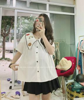 Áo bầu thêu cổ sơ mi thô mềm đẹp-áo bầu đẹp mùa hè