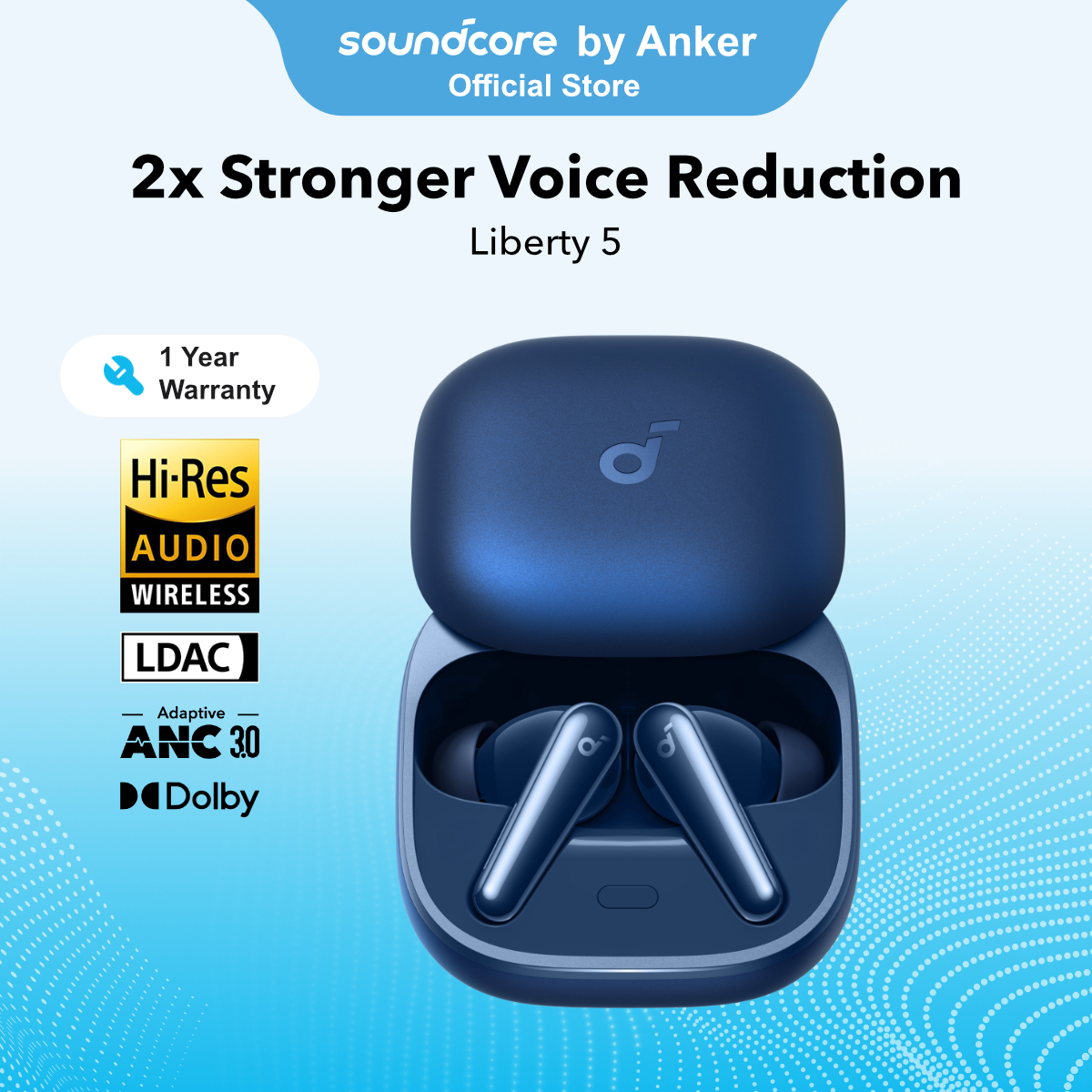 soundcore Liberty 5 by Anker, Noise-Cancelling Wireless  Earbuds with Dolby Audio, Real-Time Adaptive Noise Cancelling, ANC 3.0, 2x Stronger Voice Reduction, 6 mics with AI, Hi-Res Audio