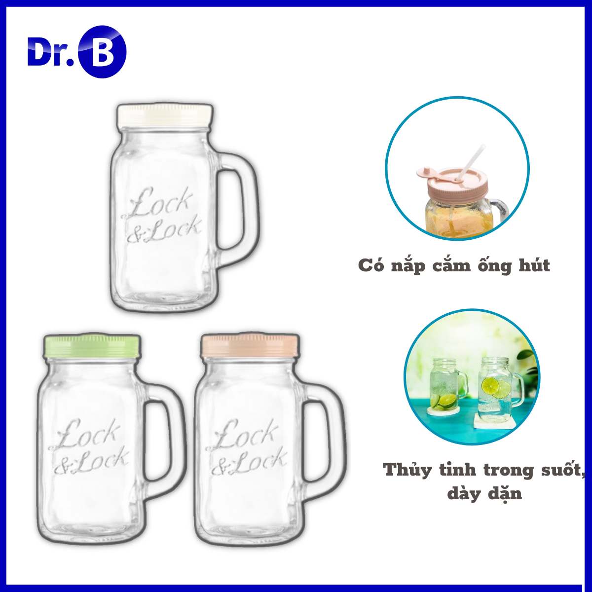 Cốc thuỷ tinh Lock&Lock dung tích 630ml có nắp vặn và khe cắm ống hút